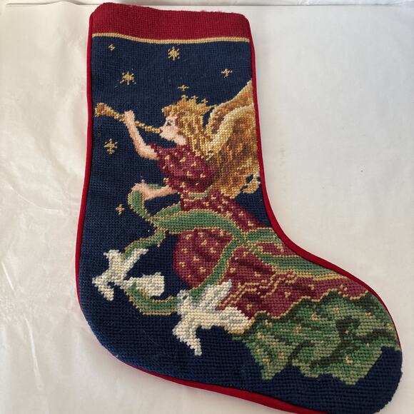 2 Imperial Elegance Vintage Needlepoint Christmas Stockings Angels Velvet - Picture 2 of 12